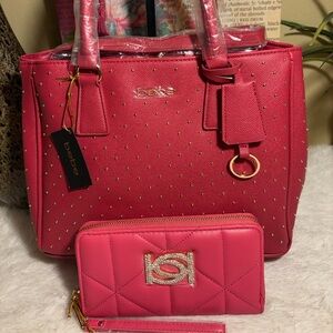 Bebe Sagan Studded Pink Satchel Bag with bonus Zaza Barbie pink wallet NWT